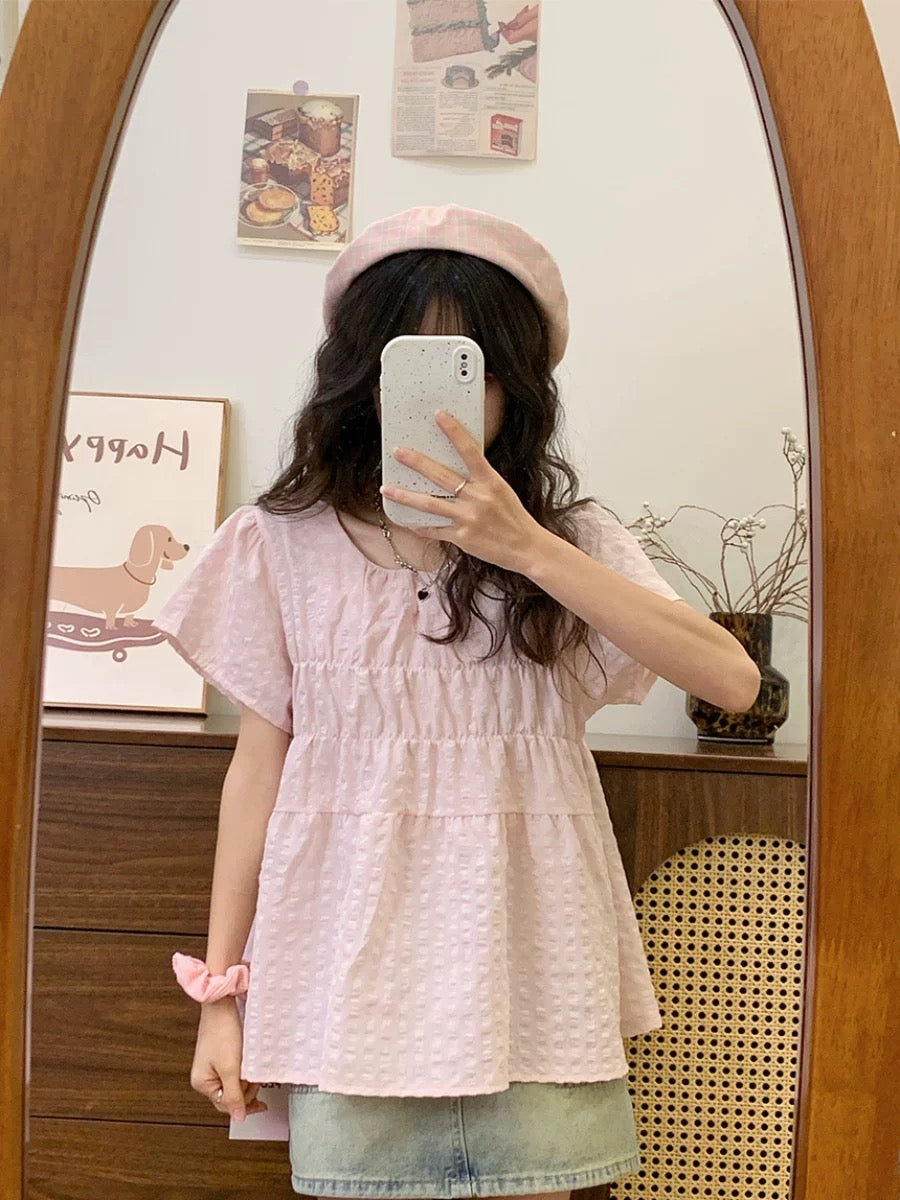 Creamy universe pink plaid doll shirt short-sleeved shirt for women Japanese sweet girl style small flying sleeve top new style