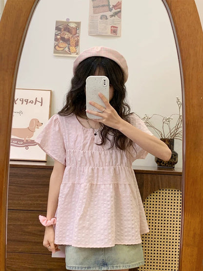 Creamy universe pink plaid doll shirt short-sleeved shirt for women Japanese sweet girl style small flying sleeve top new style