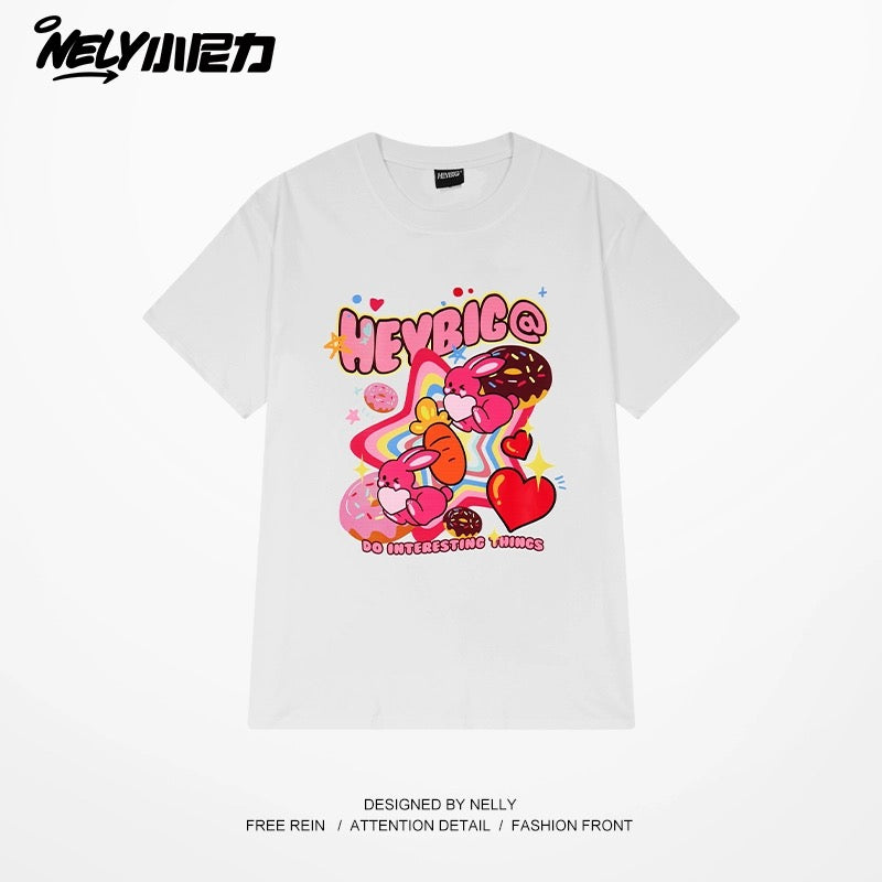Nely Xiao Nili oversize loose niche Korean lazy style cartoon print short-sleeved T-shirt for men and women