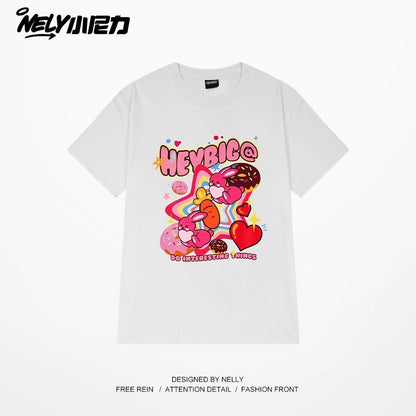 Nely Xiao Nili oversize loose niche Korean lazy style cartoon print short-sleeved T-shirt for men and women