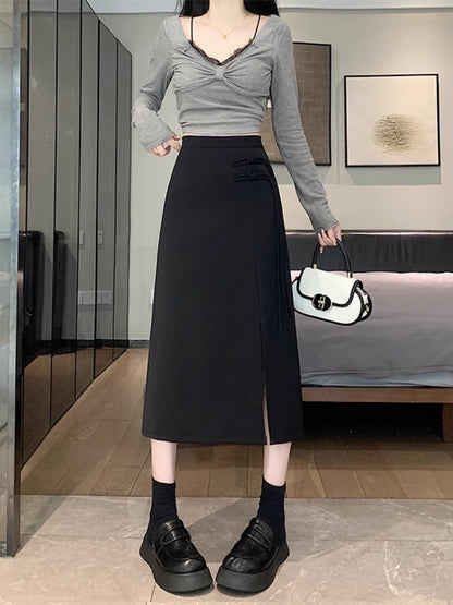New Chinese-style slit skirt for women spring and summer 2024 new high-waist slim A-line hip-hugging Chinese-style mid-length skirt