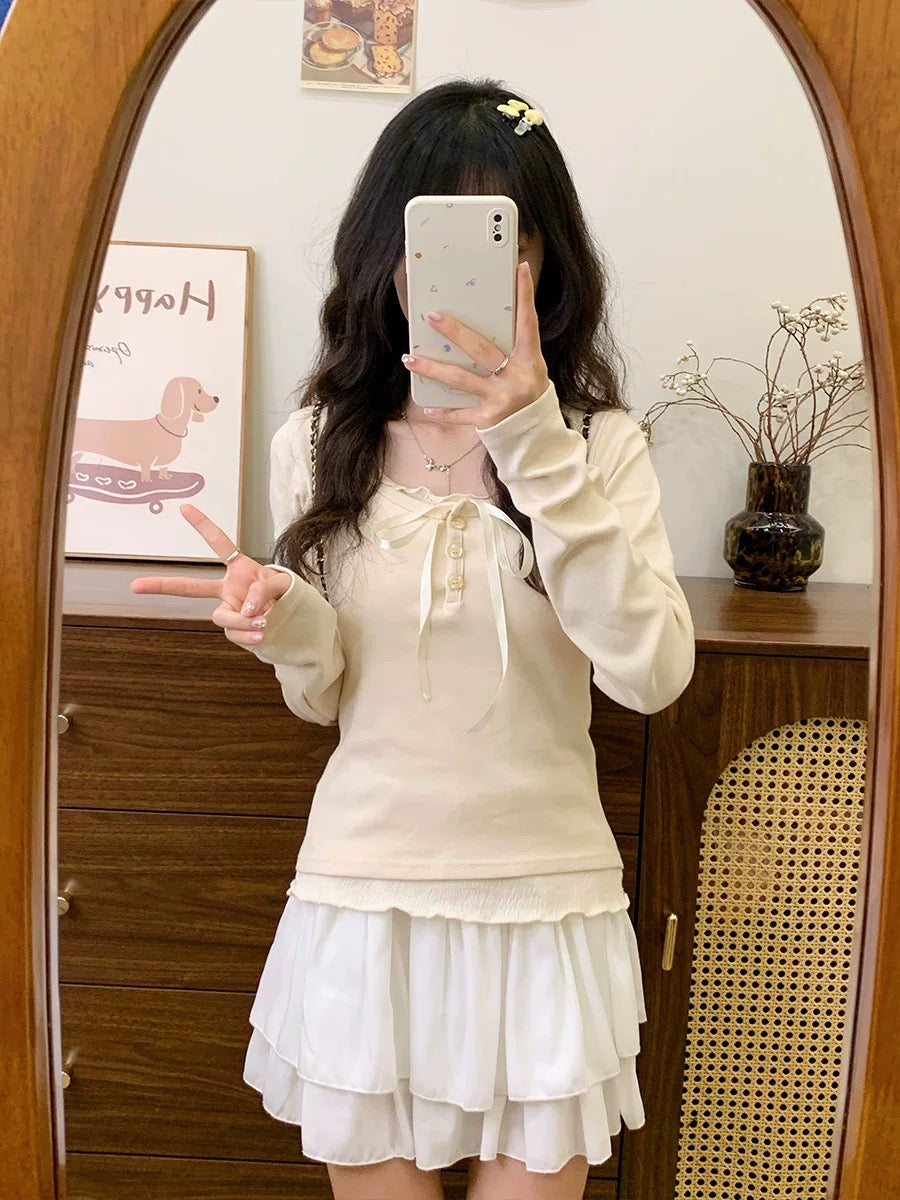 Cream Universe Bow fake two-piece apricot bottoming long-sleeved T-shirt women's sweet and gentle knitted top new style
