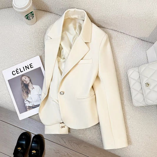 Beige Korean casual suit jacket for women 2025 new autumn small size design temperament short suit