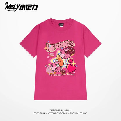 Nely Xiao Nili oversize loose niche Korean lazy style cartoon print short-sleeved T-shirt for men and women