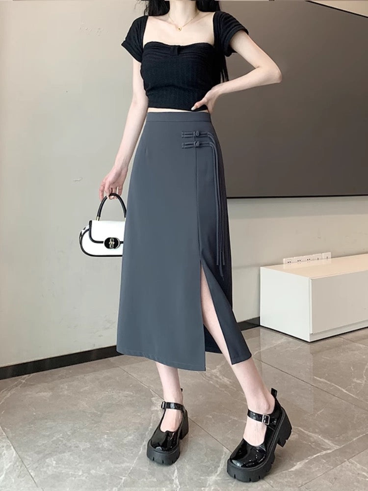 New Chinese-style slit skirt for women spring and summer 2024 new high-waist slim A-line hip-hugging Chinese-style mid-length skirt