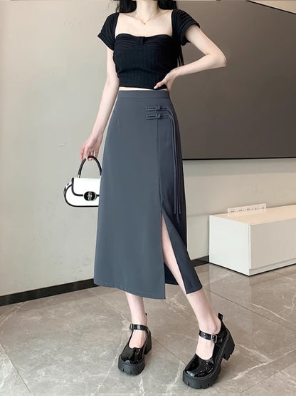 New Chinese-style slit skirt for women spring and summer 2024 new high-waist slim A-line hip-hugging Chinese-style mid-length skirt