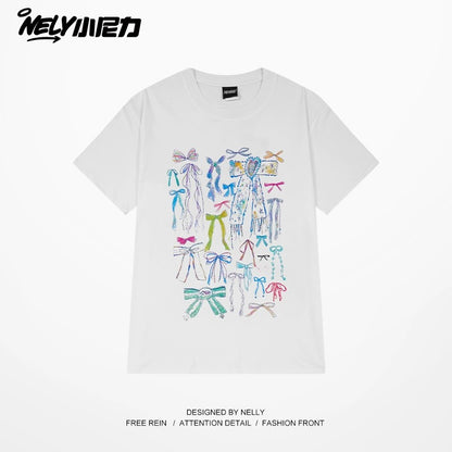Nely Little Nili Tide American Retro Bow T-shirt Men and Women Summer New Loose Short Sleeve Couple Tops