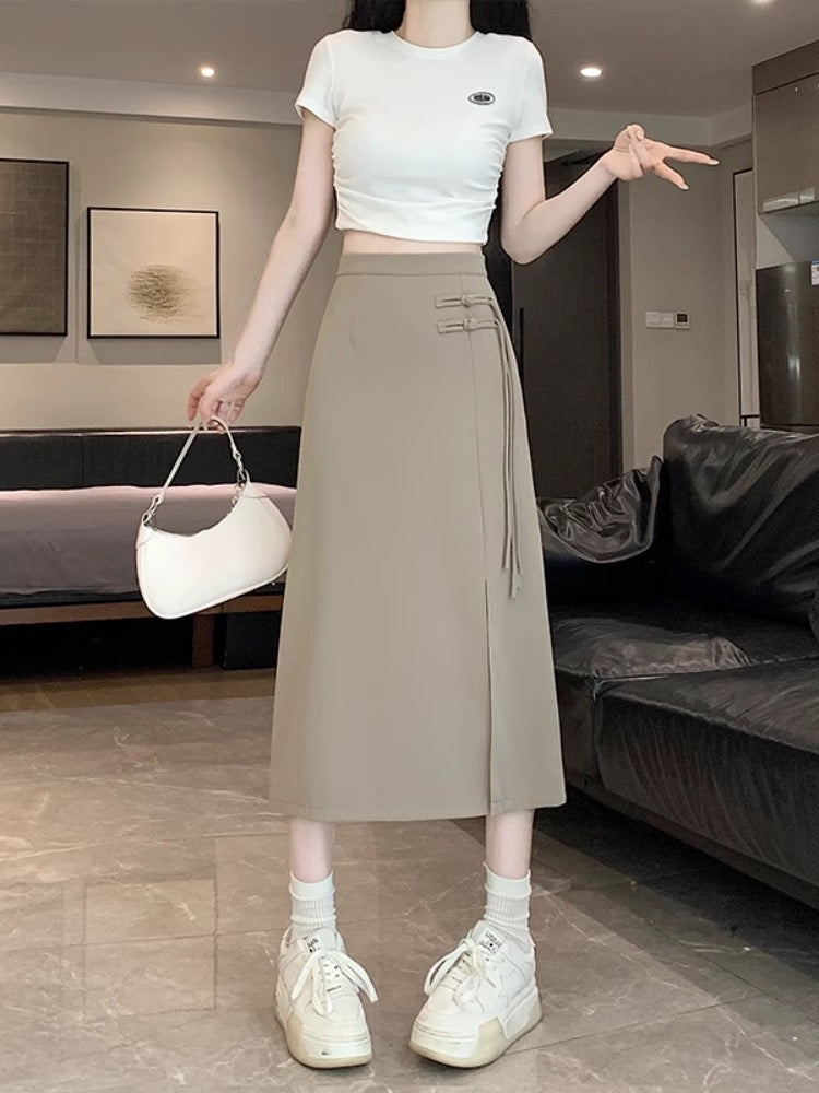 New Chinese-style slit skirt for women spring and summer 2024 new high-waist slim A-line hip-hugging Chinese-style mid-length skirt