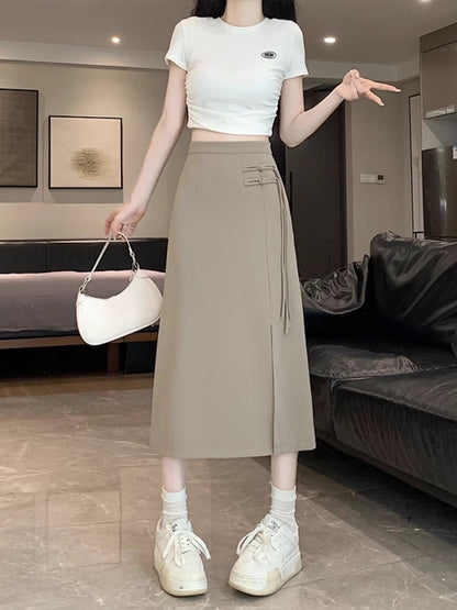 New Chinese-style slit skirt for women spring and summer 2024 new high-waist slim A-line hip-hugging Chinese-style mid-length skirt