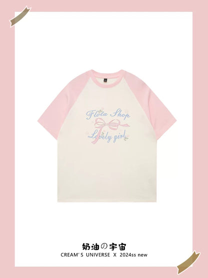 Cream Universe Bow letter raglan short-sleeved T-shirt women's loose sweet college style top summer new style