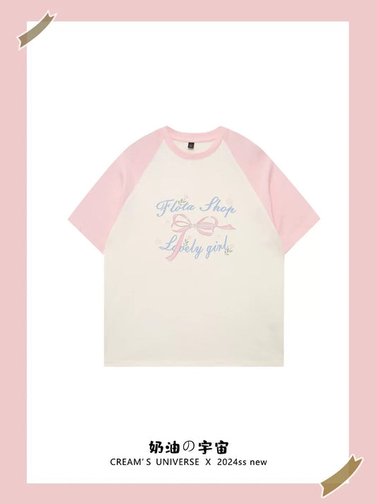 Cream Universe Bow letter raglan short-sleeved T-shirt women's loose sweet college style top summer new style