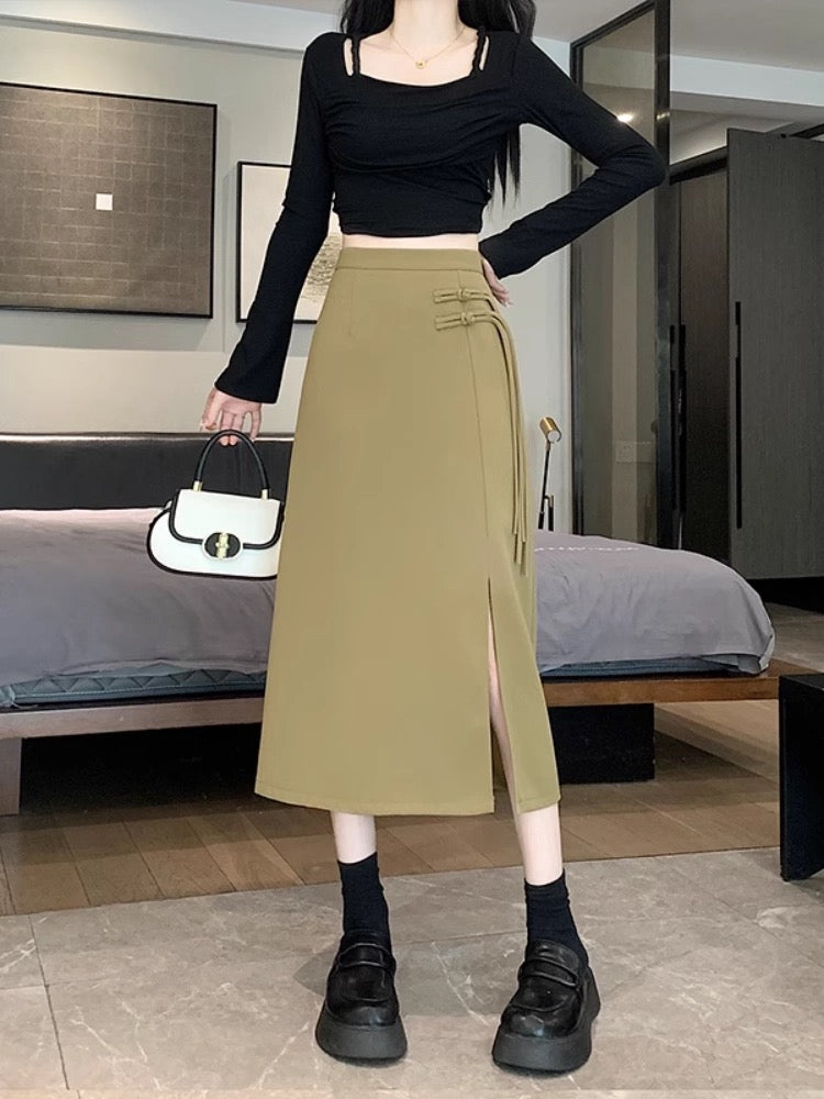 New Chinese-style slit skirt for women spring and summer 2024 new high-waist slim A-line hip-hugging Chinese-style mid-length skirt