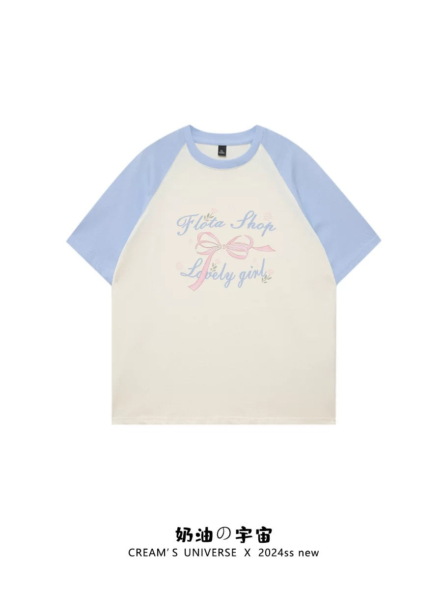 Cream Universe Bow letter raglan short-sleeved T-shirt women's loose sweet college style top summer new style