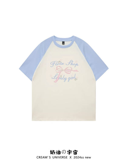 Cream Universe Bow letter raglan short-sleeved T-shirt women's loose sweet college style top summer new style