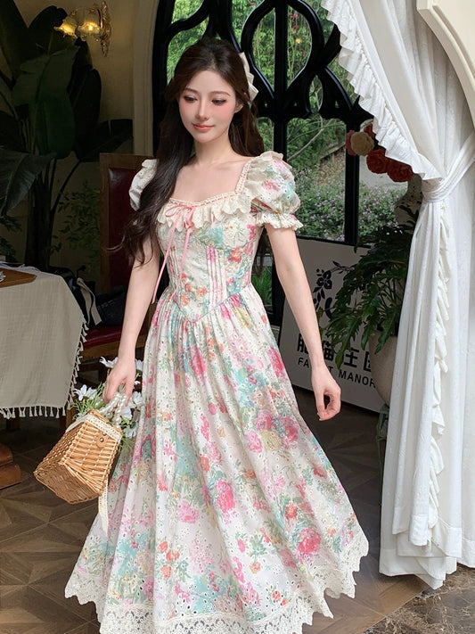 Bingbing is here丨[Flower Bud Girl] Pure lust style square neck niche girly floral dress lace skirt