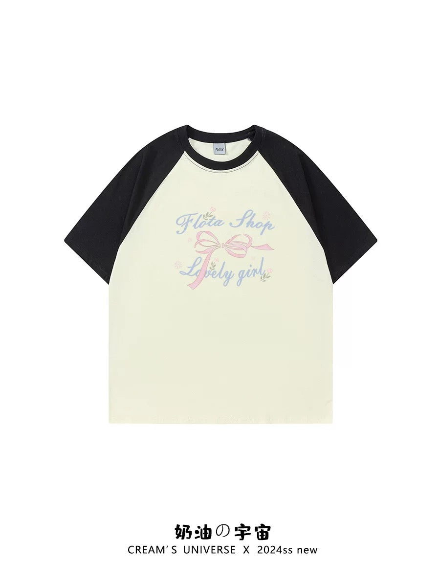 Cream Universe Bow letter raglan short-sleeved T-shirt women's loose sweet college style top summer new style
