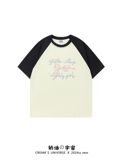 Cream Universe Bow letter raglan short-sleeved T-shirt women's loose sweet college style top summer new style