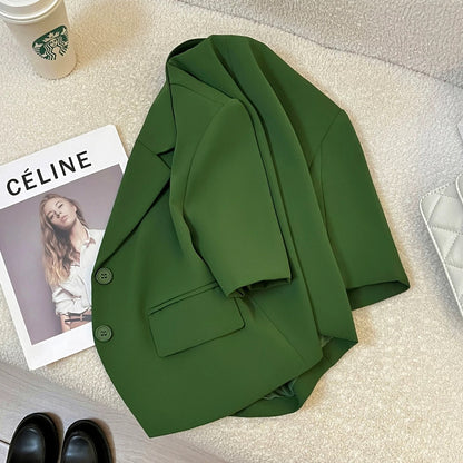 Green short suit jacket for women petite 2025 summer new French retro lady thin commuter top