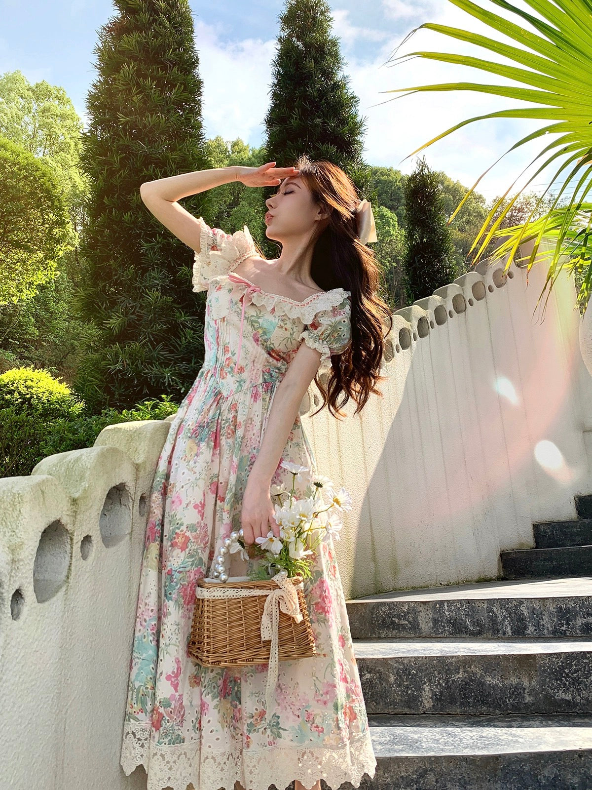 Bingbing is here丨[Flower Bud Girl] Pure lust style square neck niche girly floral dress lace skirt