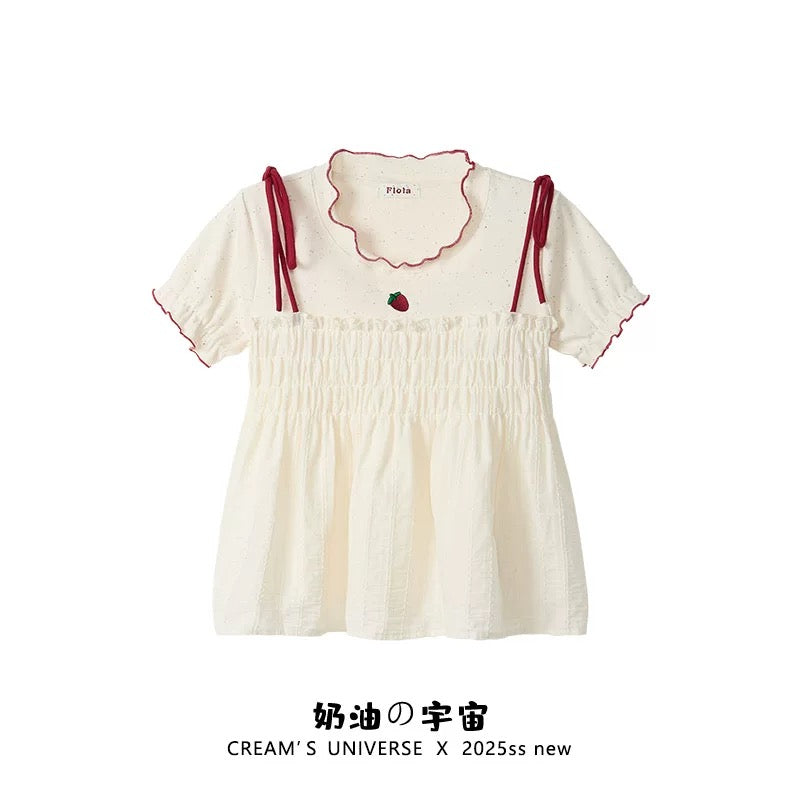Cream Universe Sweet Girl Style Embroidered Strawberry Strap Fake Two-Piece Short-Sleeved T-Shirt Female Petite Baby Doll Shirt Top