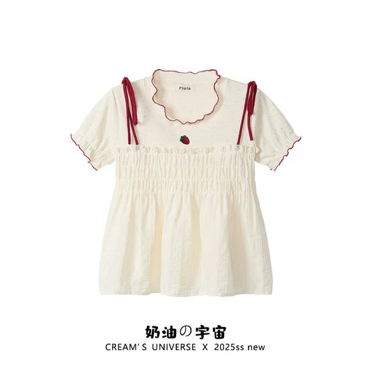 Cream Universe Sweet Girl Style Embroidered Strawberry Strap Fake Two-Piece Short-Sleeved T-Shirt Female Petite Baby Doll Shirt Top
