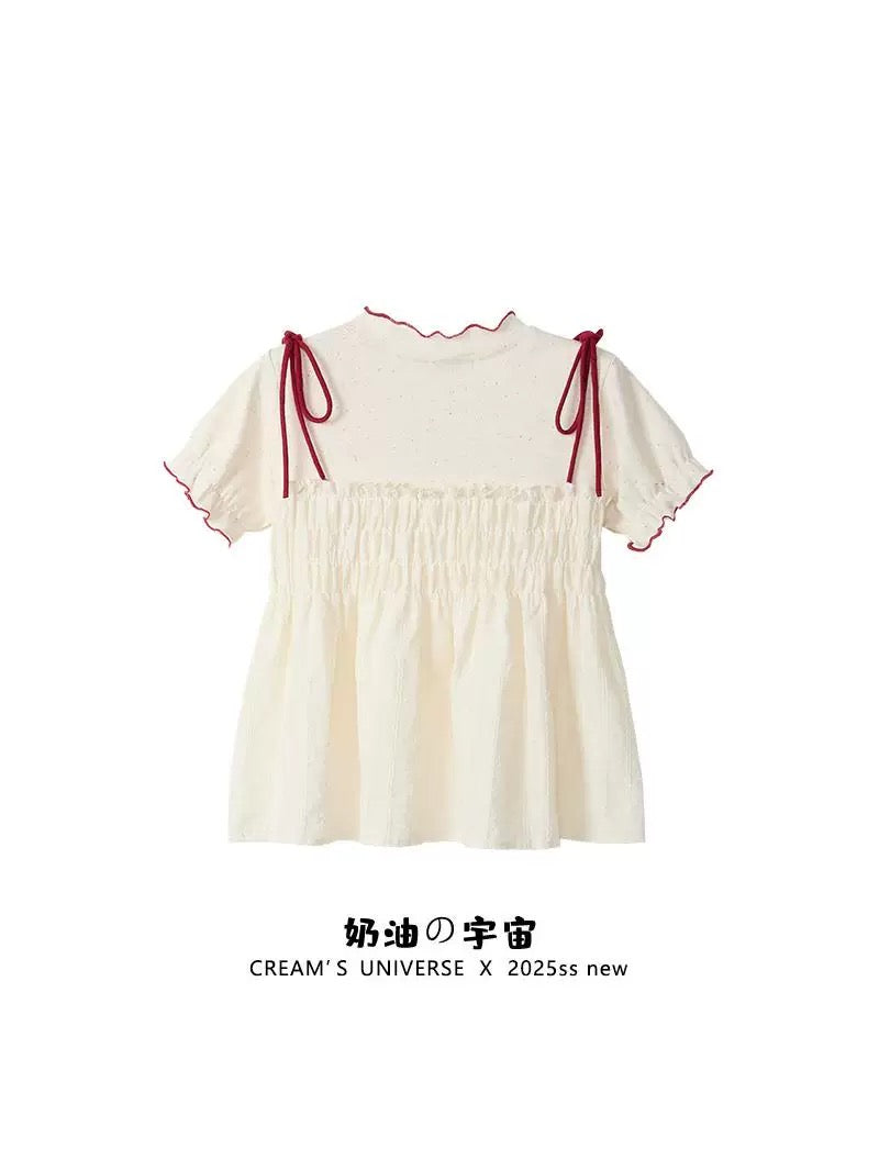 Cream Universe Sweet Girl Style Embroidered Strawberry Strap Fake Two-Piece Short-Sleeved T-Shirt Female Petite Baby Doll Shirt Top