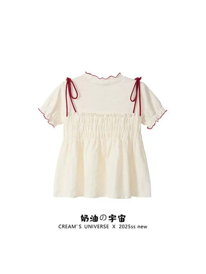 Cream Universe Sweet Girl Style Embroidered Strawberry Strap Fake Two-Piece Short-Sleeved T-Shirt Female Petite Baby Doll Shirt Top