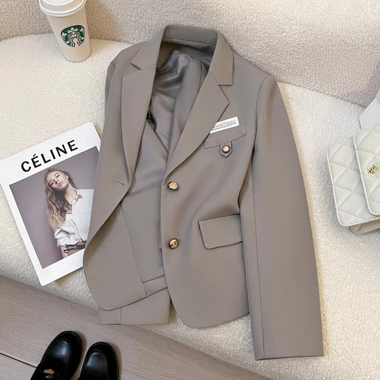 Elegant grey high-quality textured college style suit jacket for women 2025 autumn new style small size versatile short suit