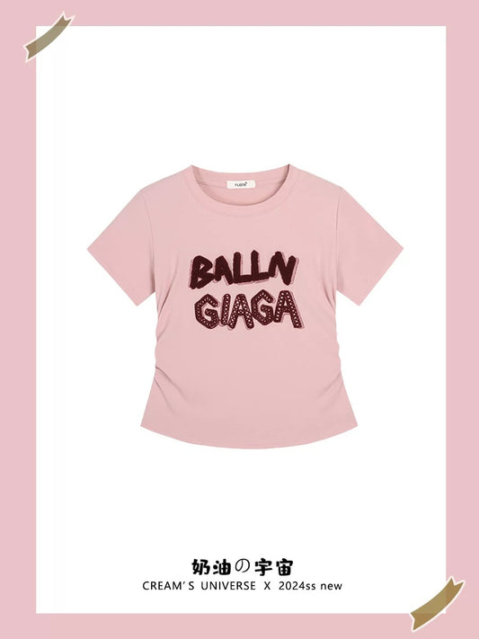 Cream Universe Flocking Letters Front Shoulder Short Sleeve T-Shirt Women's Japanese Sweet Cool Style Short Top 2025 Summer New Style
