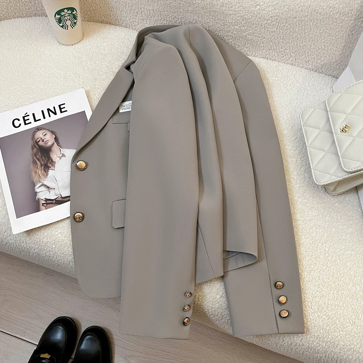 Elegant grey high-quality textured college style suit jacket for women 2025 autumn new style small size versatile short suit