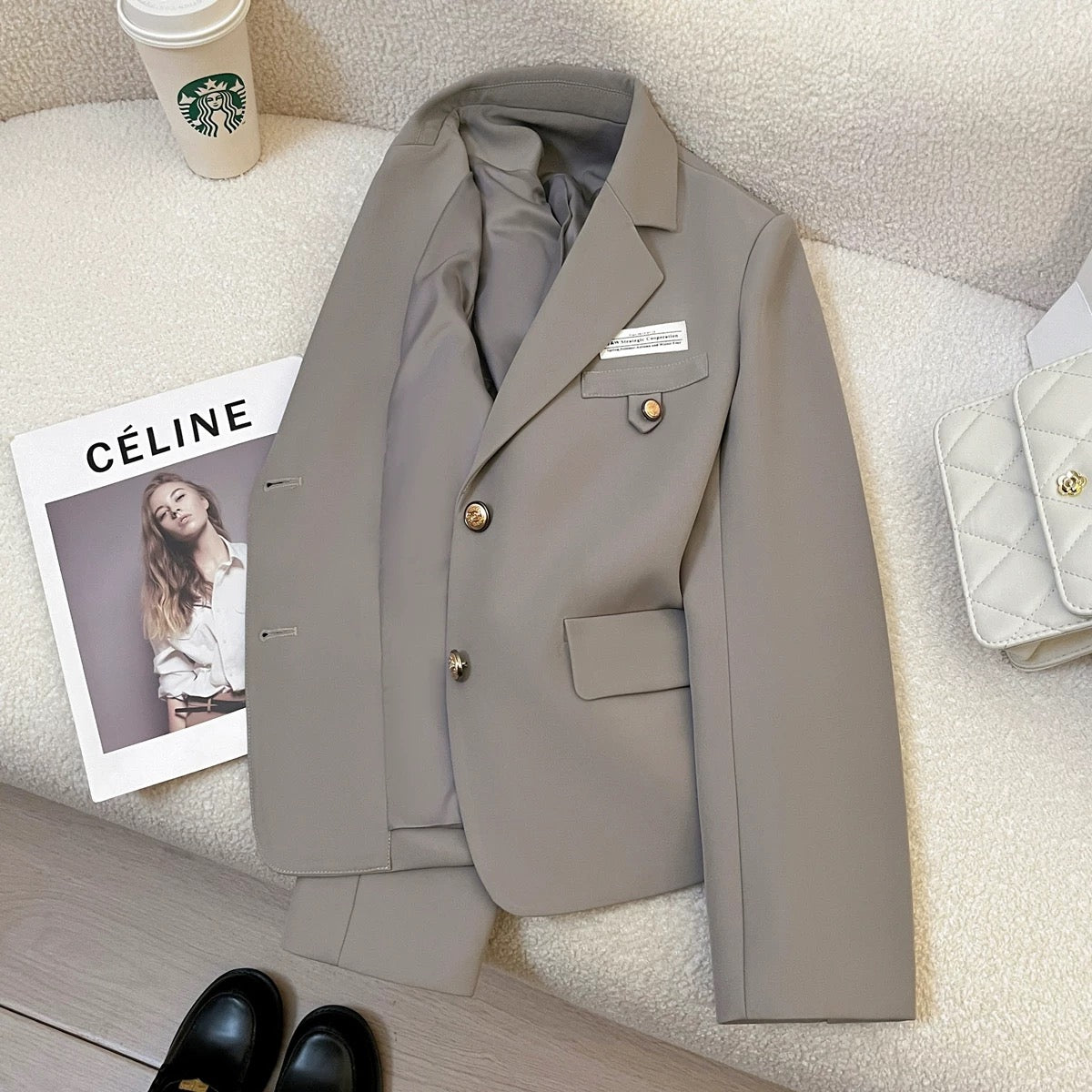 Elegant grey high-quality textured college style suit jacket for women 2025 autumn new style small size versatile short suit