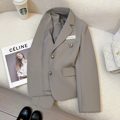 Elegant grey high-quality textured college style suit jacket for women 2025 autumn new style small size versatile short suit