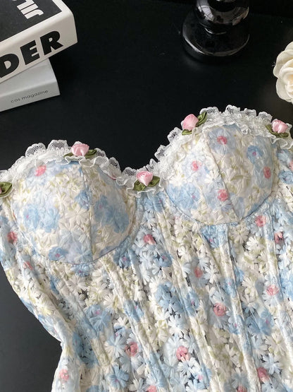 Pure and Delicate Embroidered Hollow-Out Sleeveless Bandeau Top for Women, Summer 2025, Lace-up, Slim Fit, Floral Pattern, Fishbone Vest