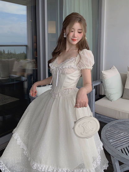 Bingbing is here丨【Mirror Sweet Tea】Niche Heavy Industry Retro French Top Lace Polka Dot Long Skirt Suit