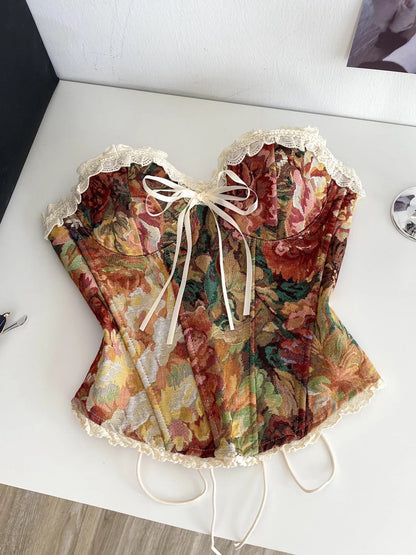 French romantic style, oil painting feel, strapless vest for women, summer, lace trim, fishtail corset waist tie, absolutely gorgeous top.