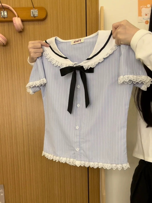 Cream Universe Bow Lace Navy Collar Striped Babydoll Short Sleeve Women's Fresh Style Cropped Top