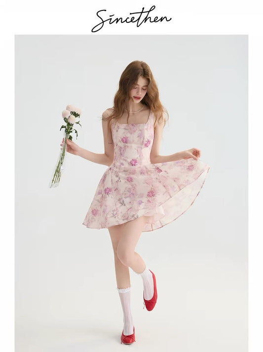 Since then, floral print sundress dress, summer pink, petite short skirt, French style for women.