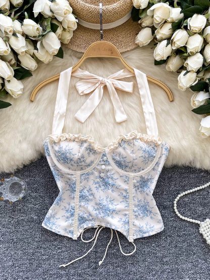 Court-style retro French halter neck lace-up vest women's summer pure and sexy slim-fitting printed strapless top