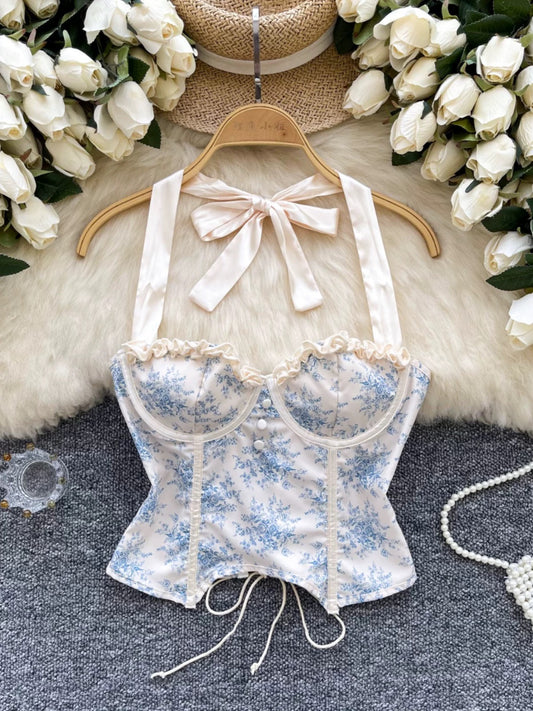 Court-style retro French halter neck lace-up vest women's summer pure and sexy slim-fitting printed strapless top