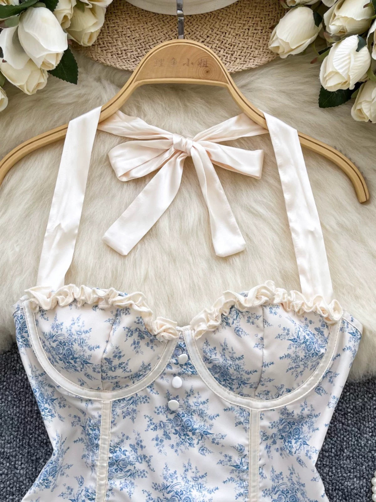 Court-style retro French halter neck lace-up vest women's summer pure and sexy slim-fitting printed strapless top