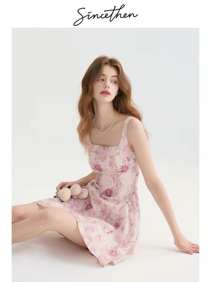 Since then, floral print sundress dress, summer pink, petite short skirt, French style for women.
