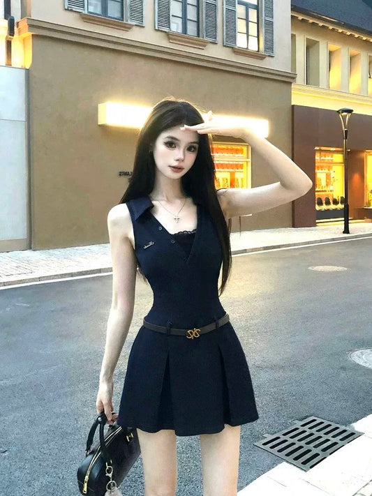 French pure desire hot girl sleeveless shirt dress women's design waist temperament lace splicing short skirt summer