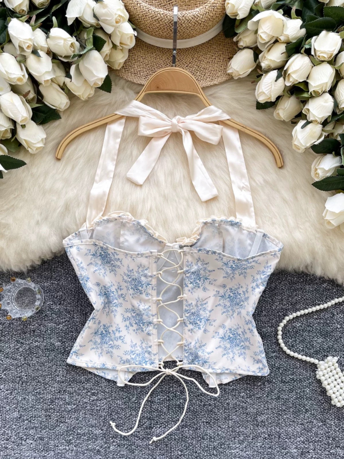 Court-style retro French halter neck lace-up vest women's summer pure and sexy slim-fitting printed strapless top