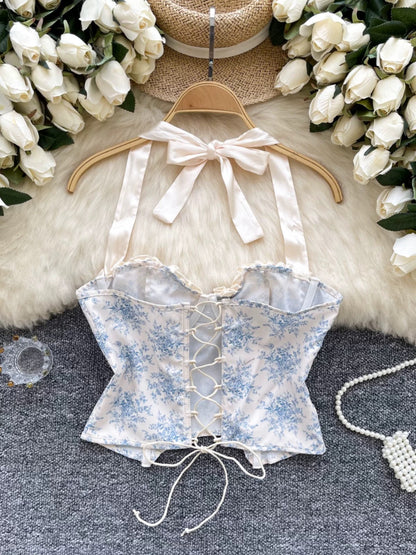 Court-style retro French halter neck lace-up vest women's summer pure and sexy slim-fitting printed strapless top