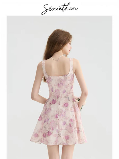 Since then, floral print sundress dress, summer pink, petite short skirt, French style for women.