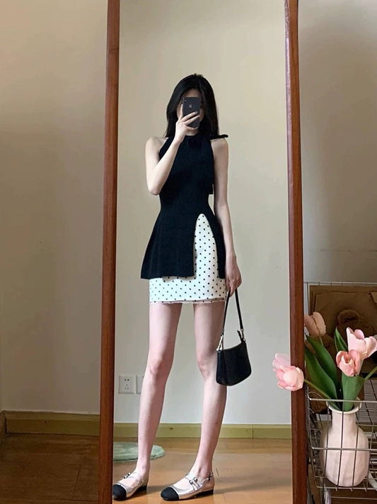 Polka dot skirt for women French halter neck bowknitted top short skirt two-piece suit summer 2025 new style