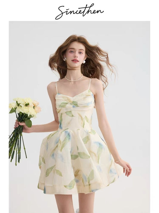 Sincethen French-style floral print slip dress, short skirt, vacation wear, short beach dress, short women's dress