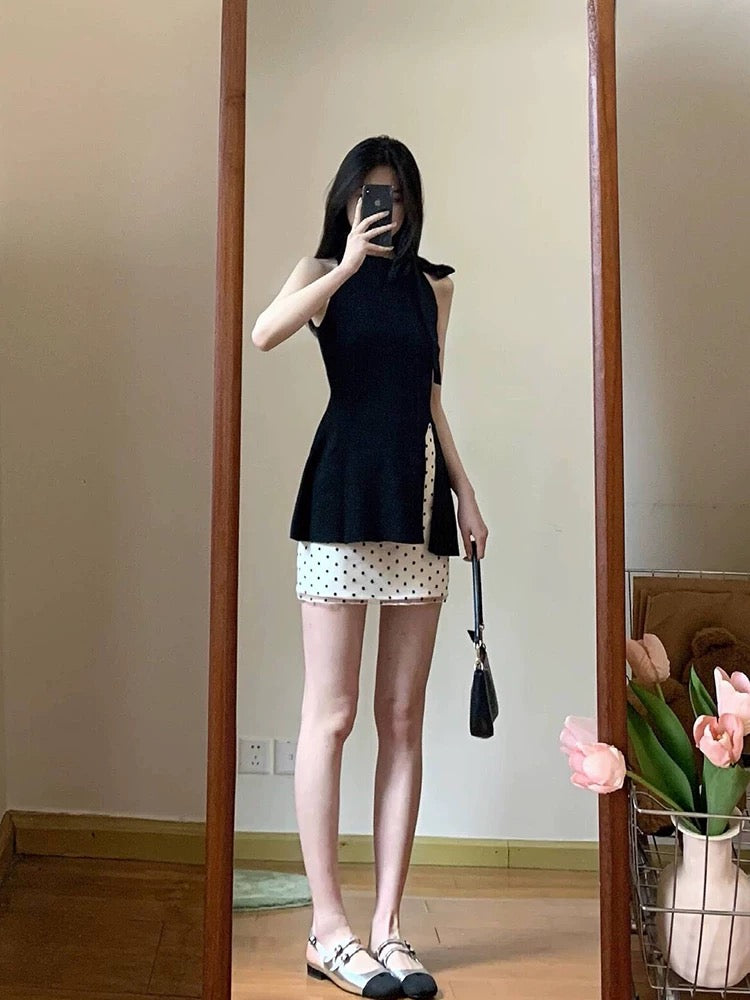 Polka dot skirt for women French halter neck bowknitted top short skirt two-piece suit summer 2025 new style