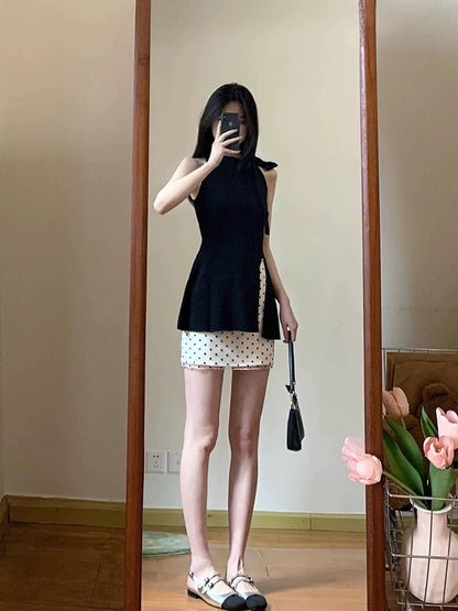 Polka dot skirt for women French halter neck bowknitted top short skirt two-piece suit summer 2025 new style