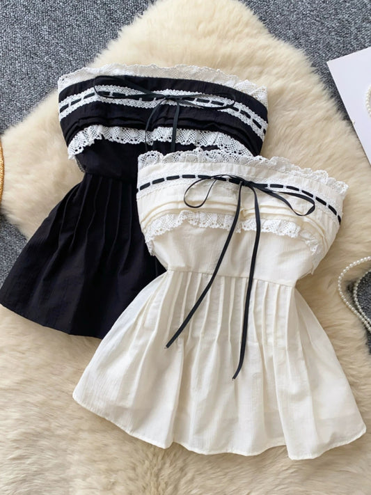 Pure and alluring tank top for women, 2025 summer, court style, niche French lace patchwork, waist-cinching, sleeveless strapless top.